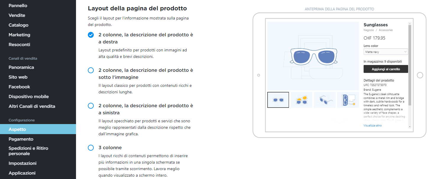 modificare il layout della pagina del prodotto