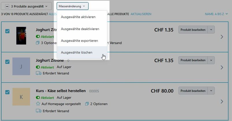 Produkte loeschen