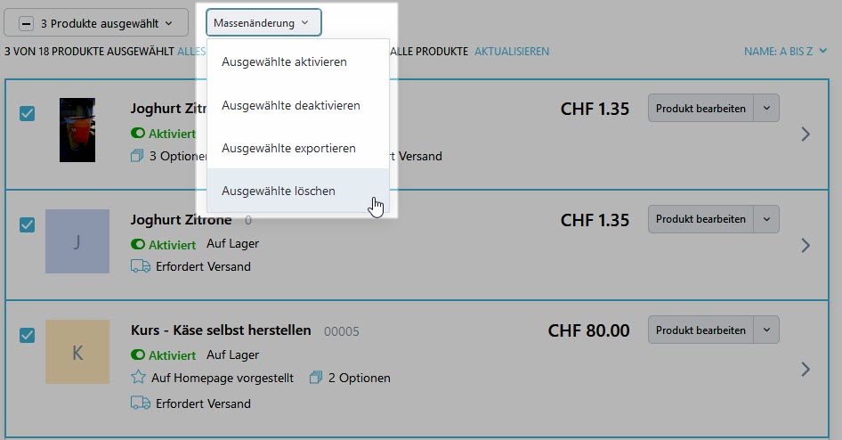 Produkte loeschen