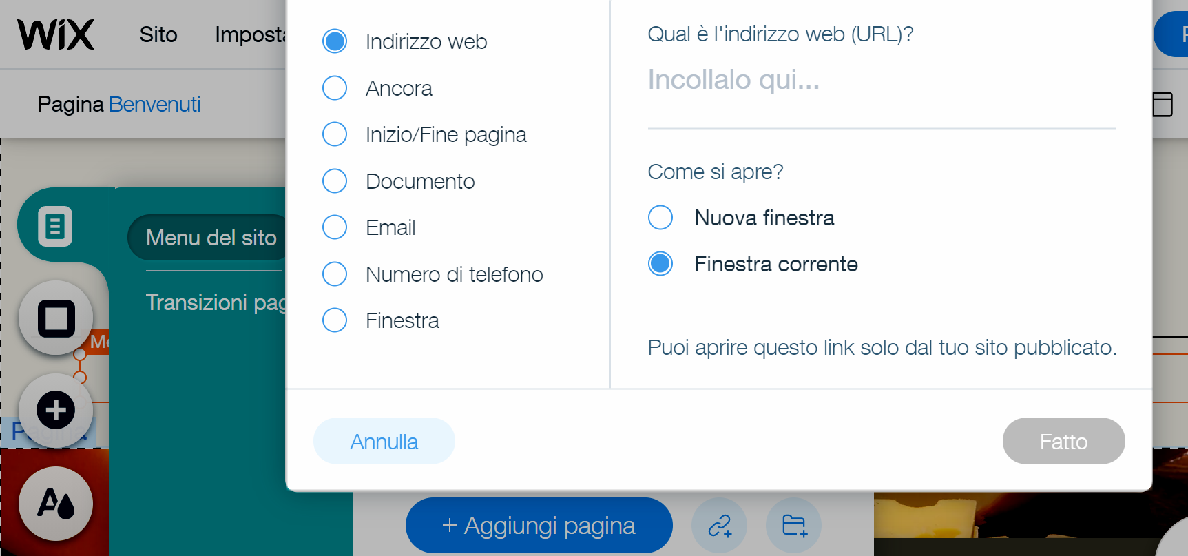 selezionare Indirizzo web e Finestra corrente