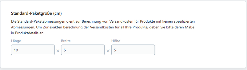 Paketmasse bei Carrier eingeben