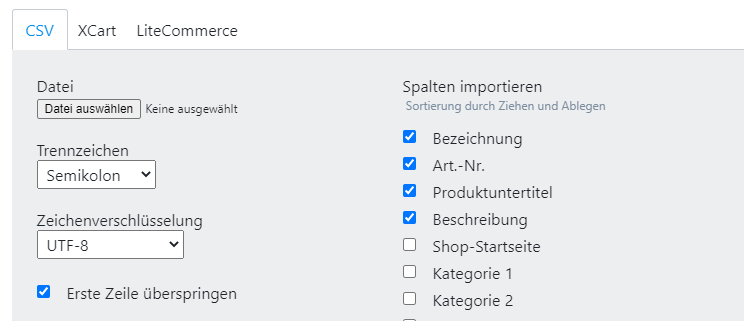 Spalten für Import auswählen