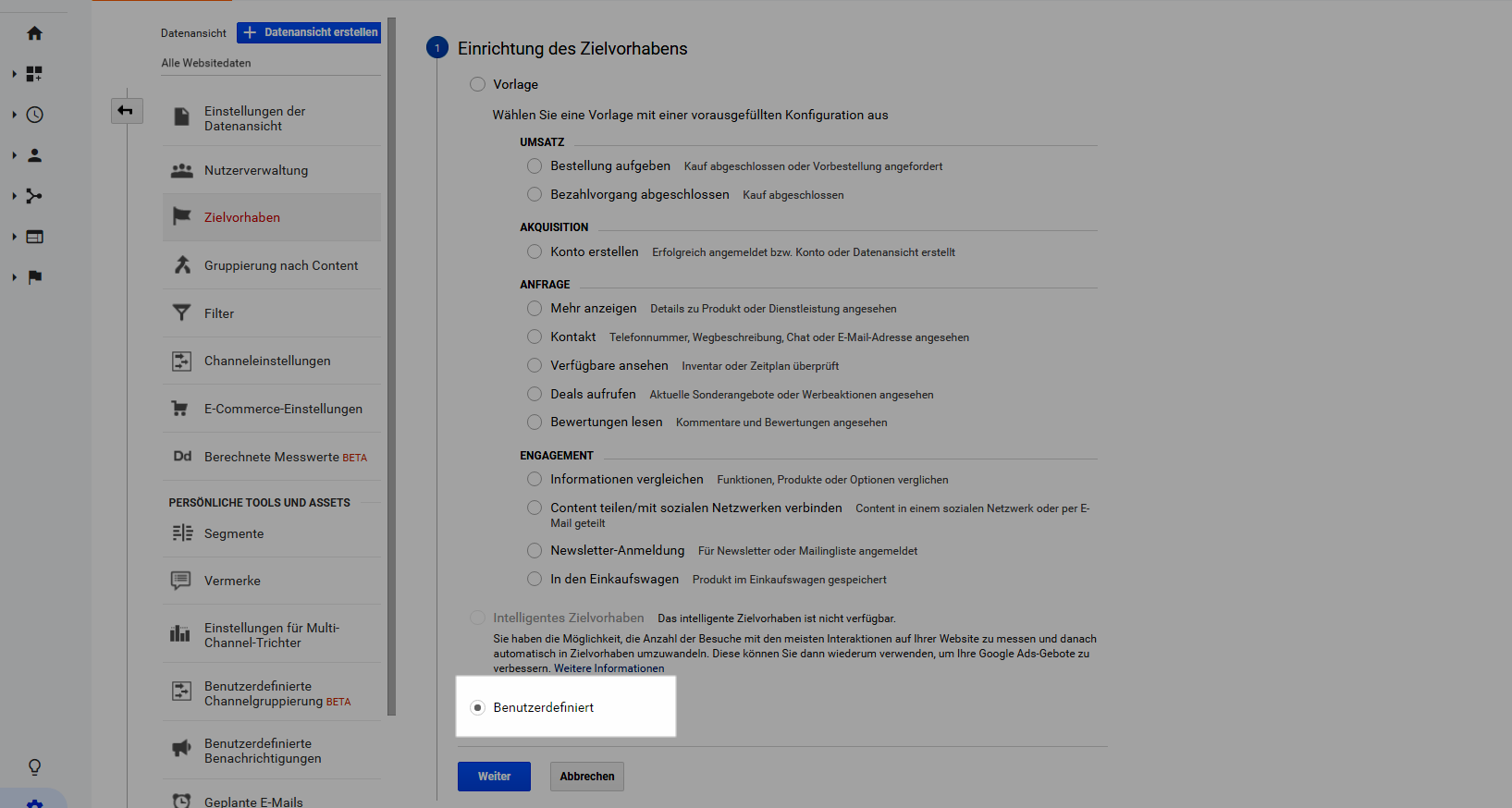 Zielvorhaben im Google Analytics einrichten