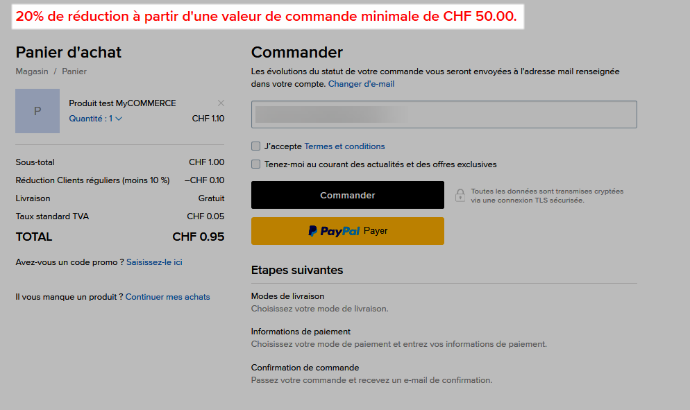 20% de réduction à partir d'une valeur de commande minimale de CHF 50.00.