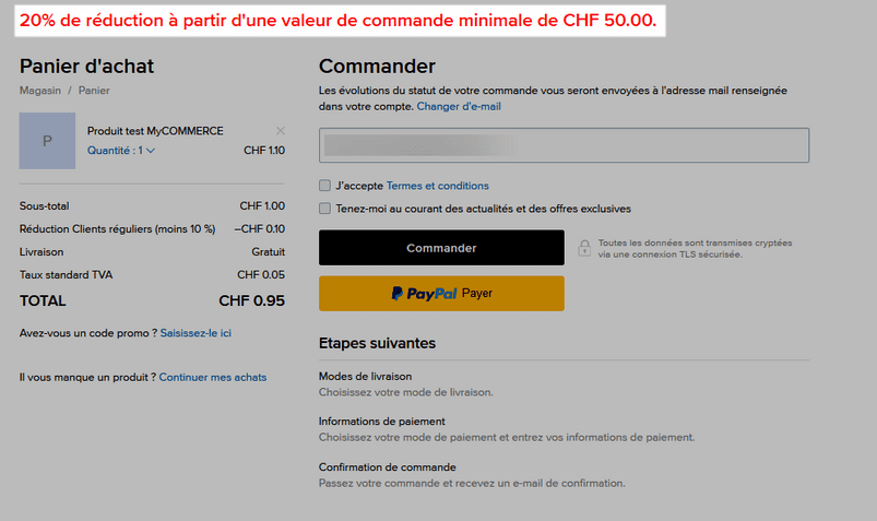 20% de réduction à partir d'une valeur de commande minimale de CHF 50.00.