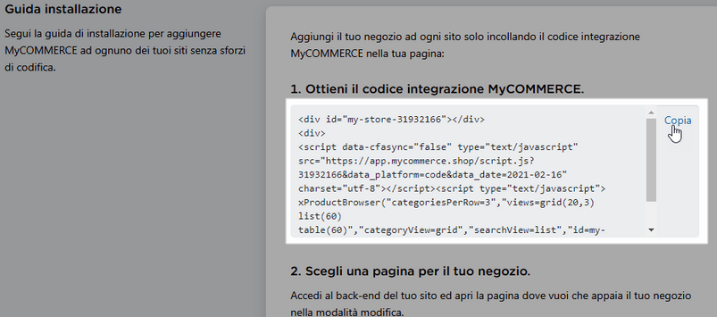 copiare il codice di integrazione