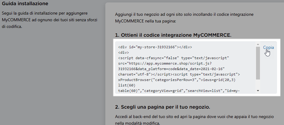 copiare il codice di integrazione