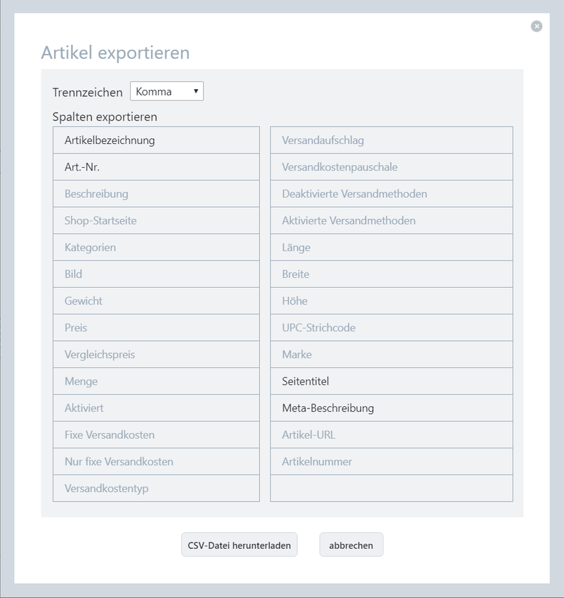 Spalten exportieren