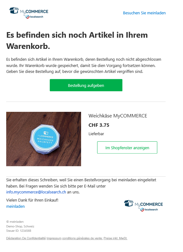 Erinnerung Warenkorb