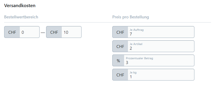 VErsandkosten pro Bereich, Gewicht, Bestellwert