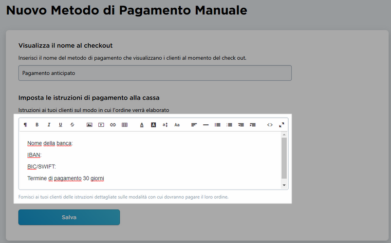 istruzioni di pagamento alle cassa