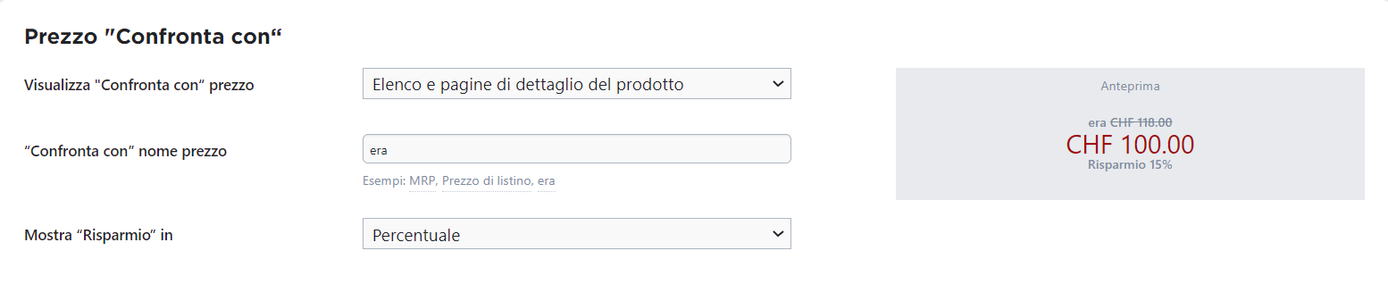 impostare le opzioni di visualizzazione e la dicitura del confronto di prezzo