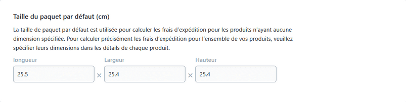 Taille du paquet par défaut (cm)