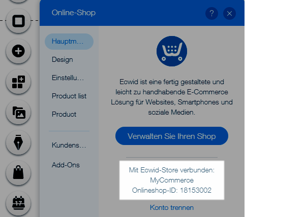 Wix ist mit bestehenden MyCOMMERCE Konto verbunden