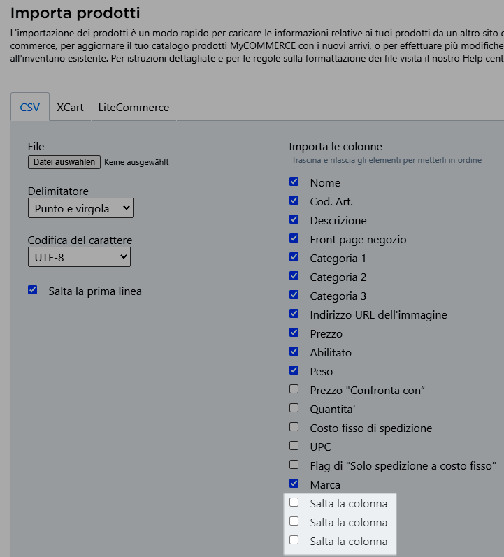 importazione prodotti - saltare colonna