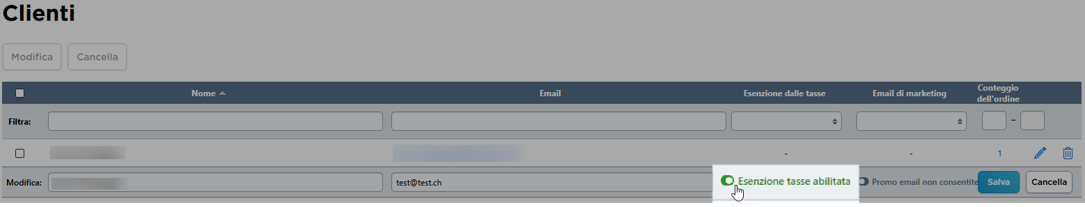 abilitare esenzione di tasse per un cliente