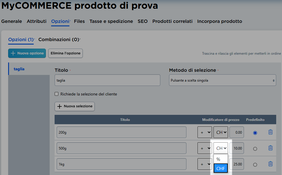 modificatore di prezzo per le opzioni