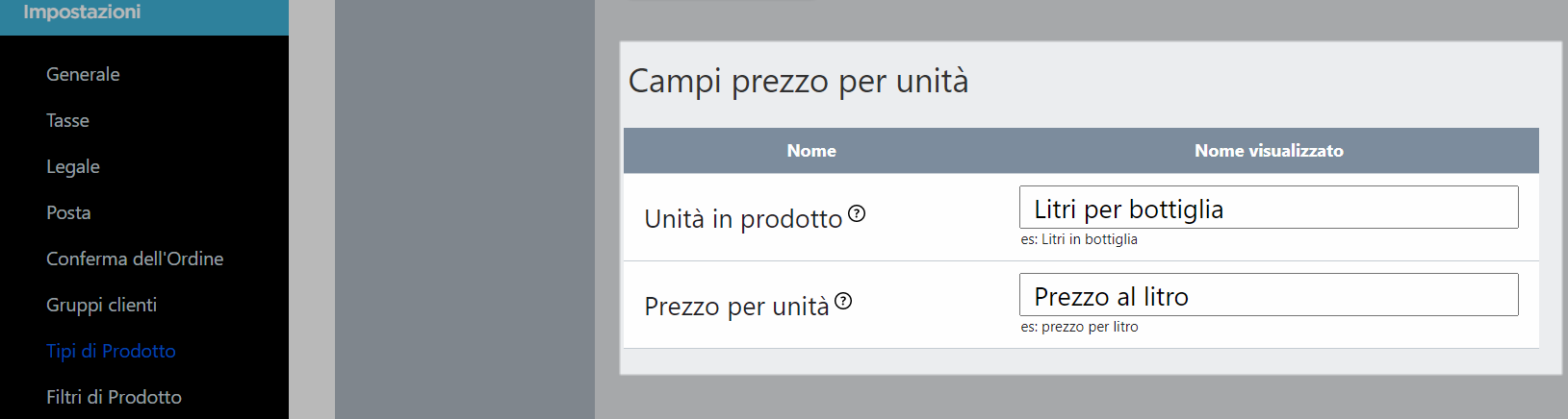 Denominare campi per il prezzo unitario