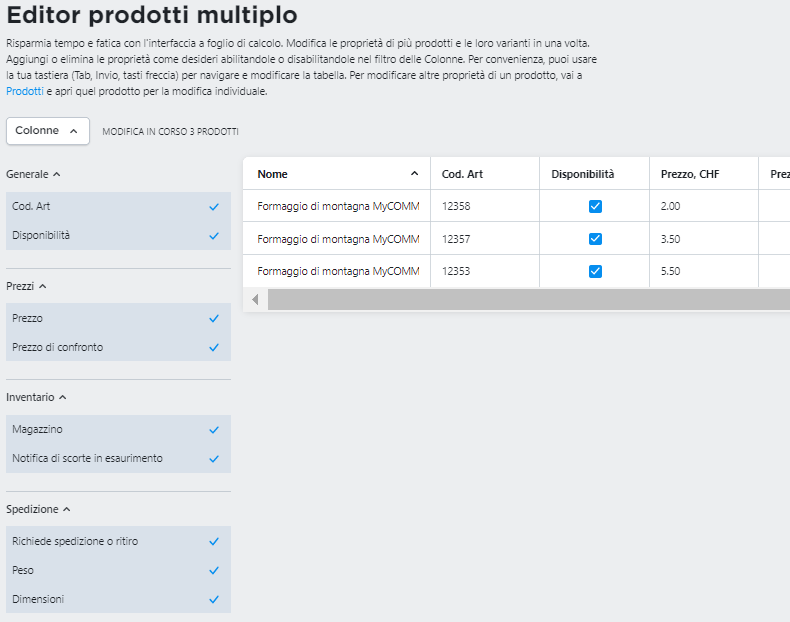 la pagina Editor di prodotti multiplo