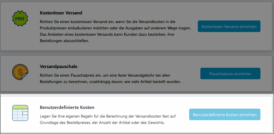 Benutzerdefinierte Versandkosten einrichten