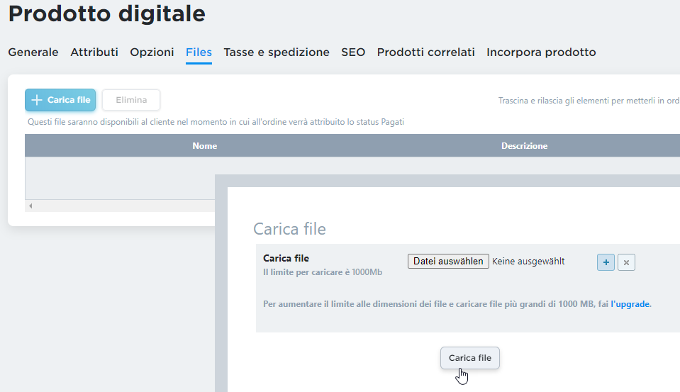 caricare un prodotti digitale