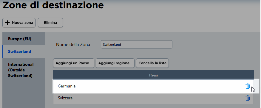 cancellare zone di spedizione