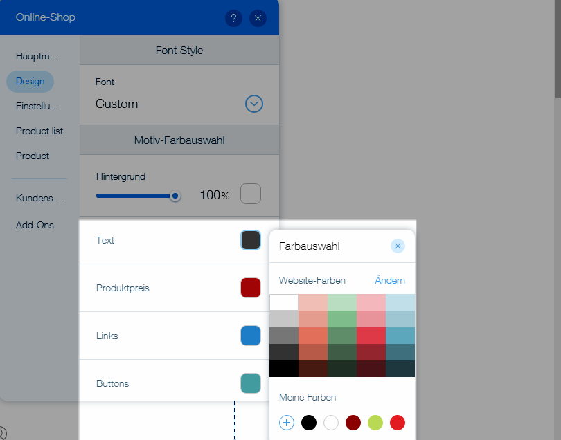 Farbauswahl Text, Produktpreis, Links und Buttons