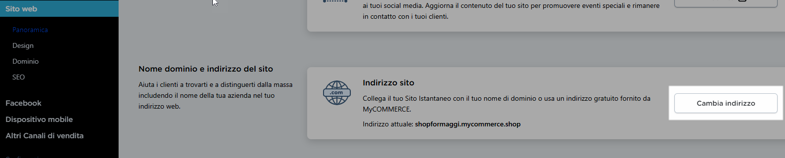 cambiare indirizzo del sito web mycommerce