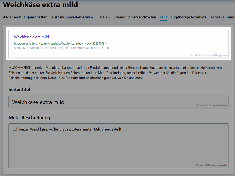 Google Vorschau für Produkt