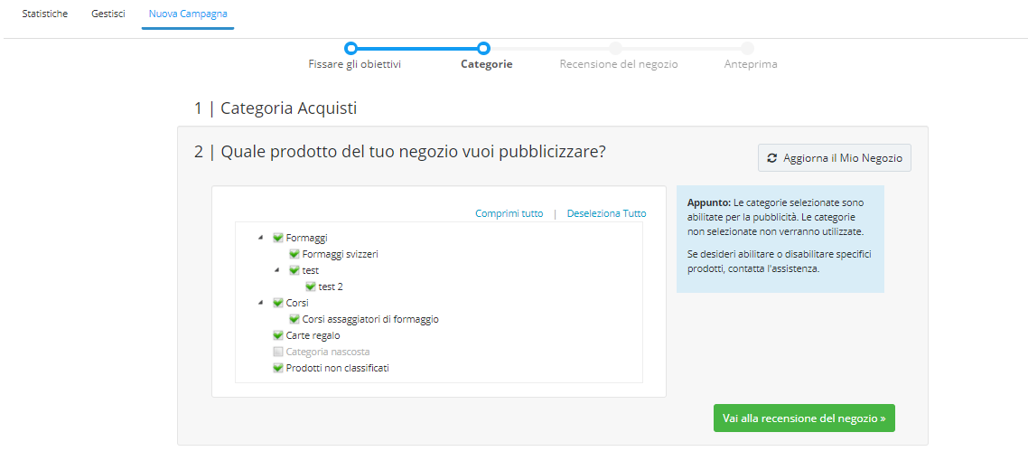 Selezionare i prodotti da pubblicizzare