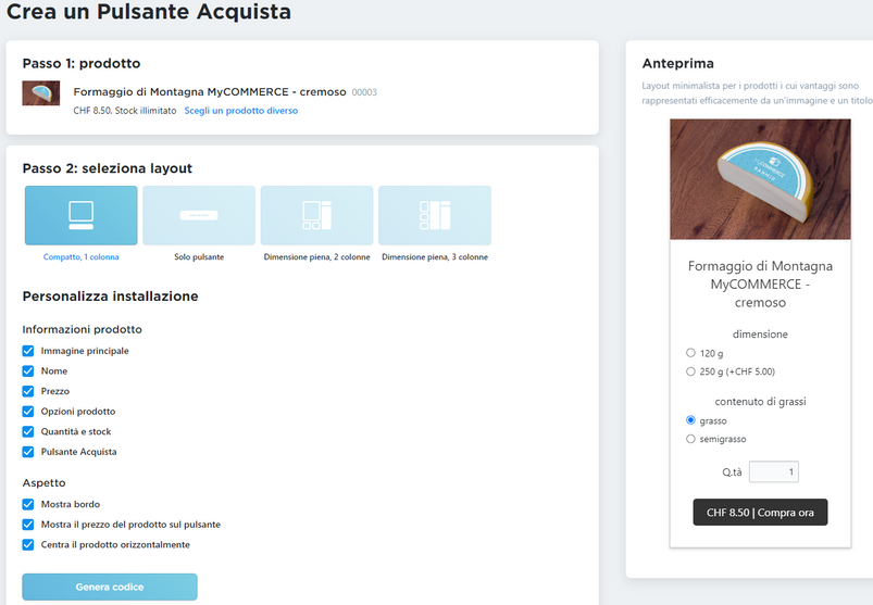 incorporare un prodotto - seleziona aspetto