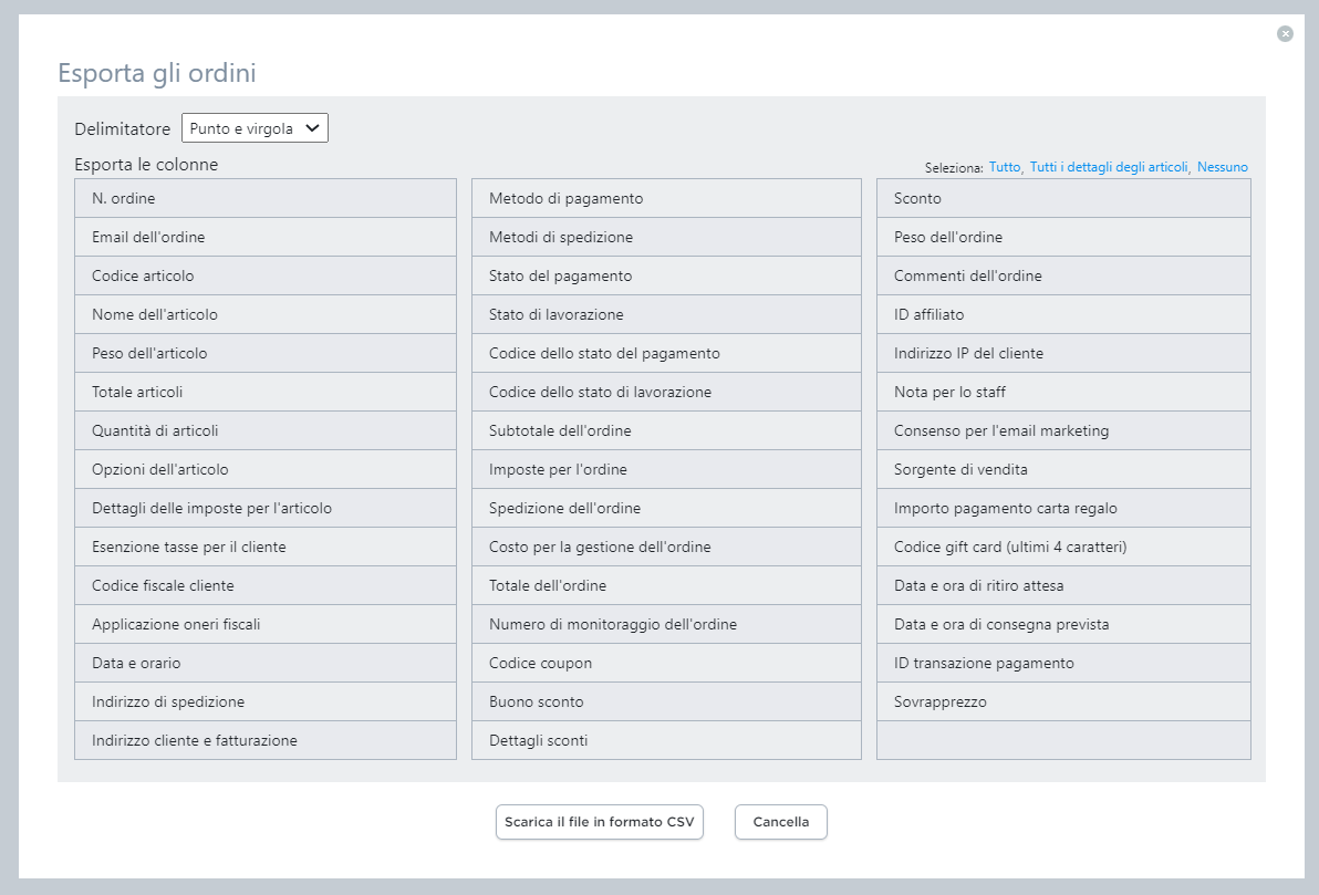 esportare ordini