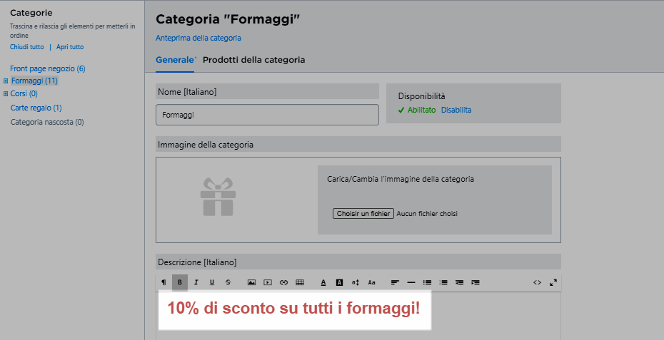 segnalare promozione su una pagina delle categorie