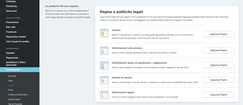 Aggiungere politiche allo shop
