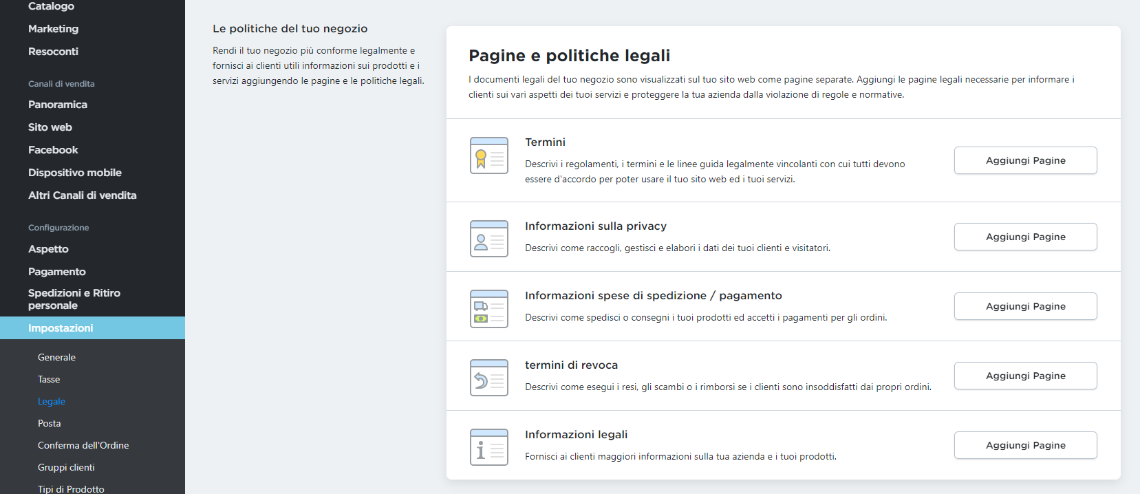 Aggiungere politiche allo shop