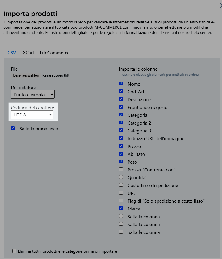 importazione prodotti - codificatore