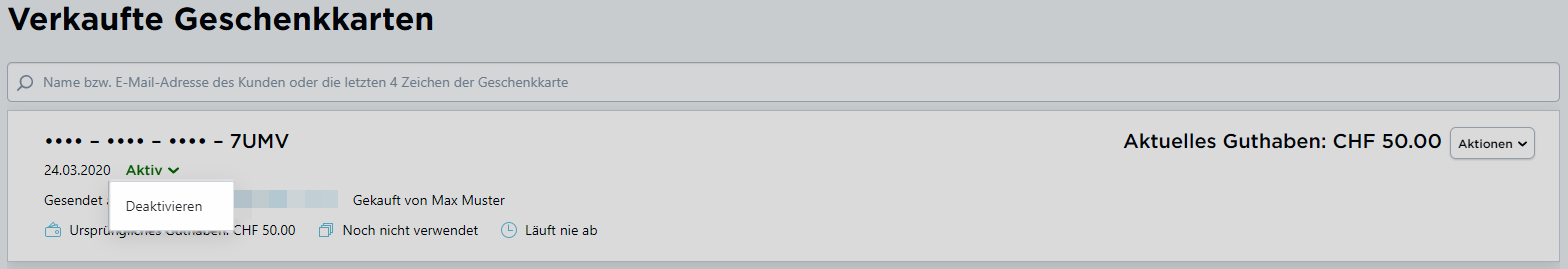 Geschenkgutscheine deaktivieren