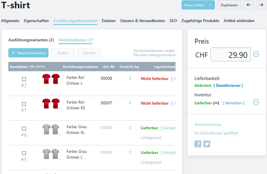 Gestion des combinaisons de produit 2