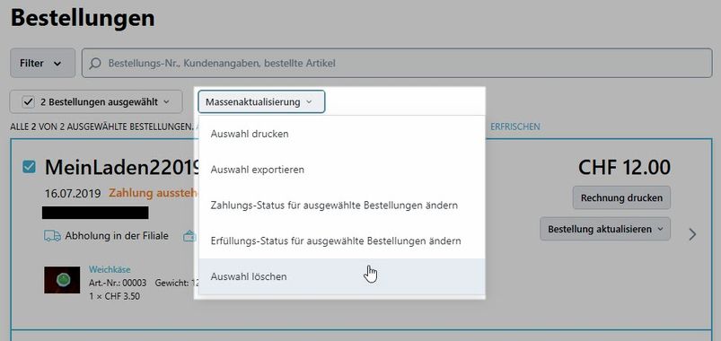 Bestellungen löschen