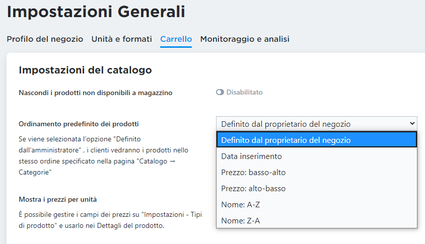 impostazioni del catalogo