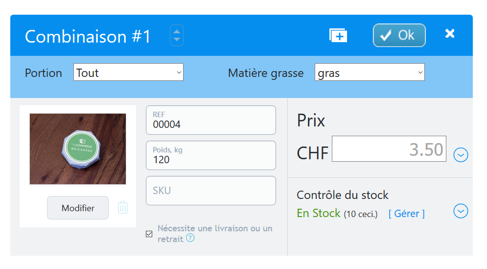 Quantité en stock combinaison