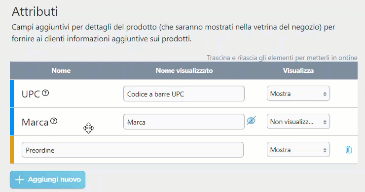ordinare tipologie di prodotto