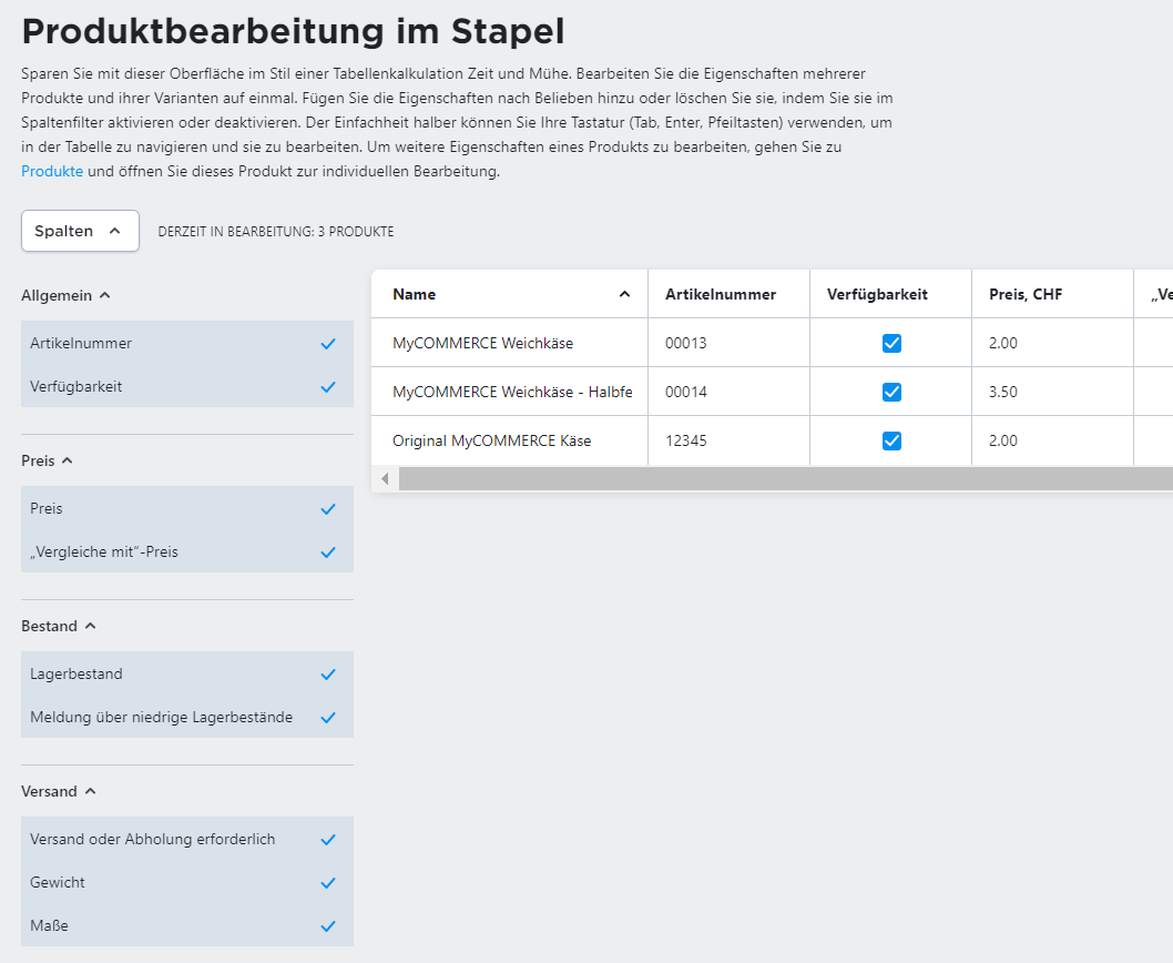 Produkteigenschaften bearbeiten