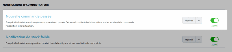 Notification commande passée
