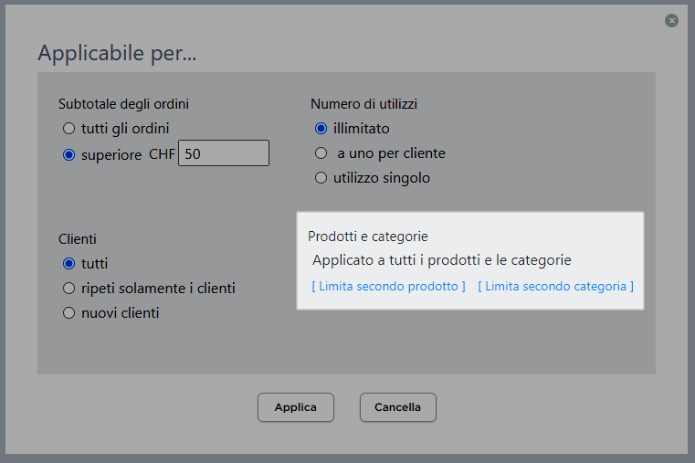 limite buono sconto su prodotti o categorie