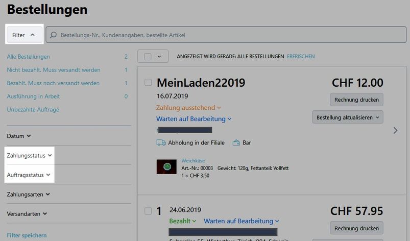 Filtern nach Status