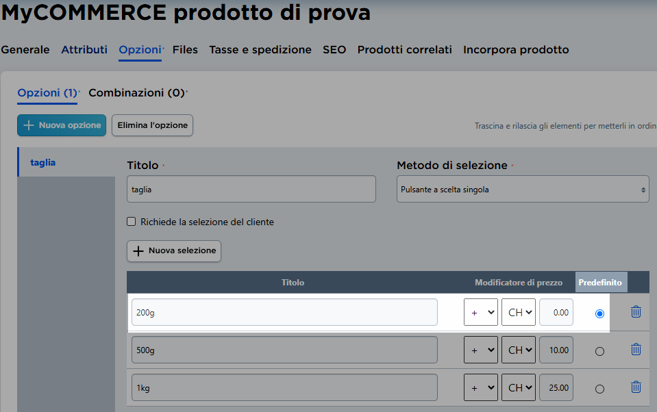 opzione predefinita standard