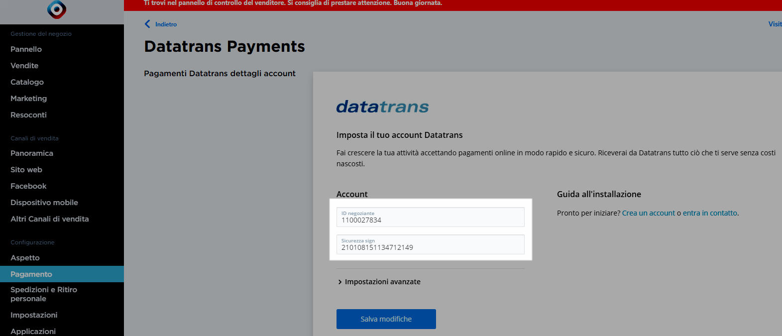 merchant id e sicurezza sign datatrans