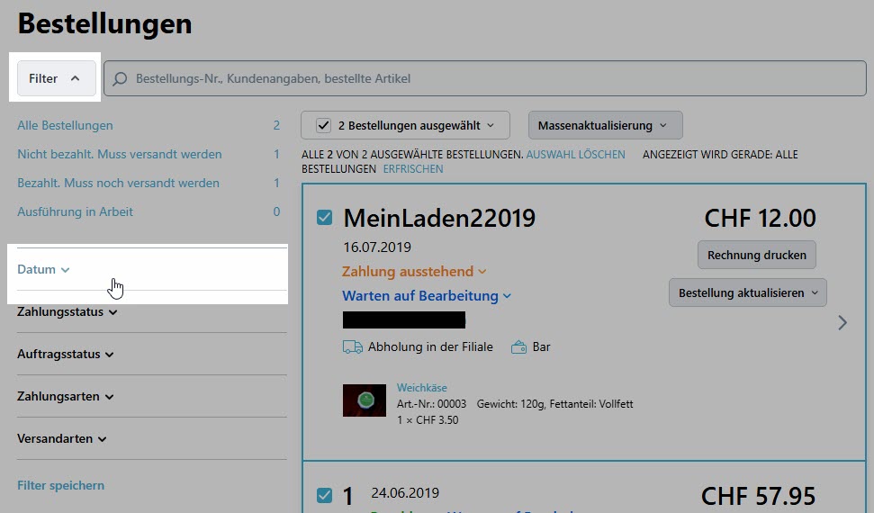 Bestellungen filtern