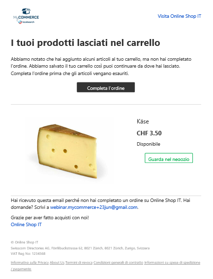 anteprima e-mail con carrello abbandonato